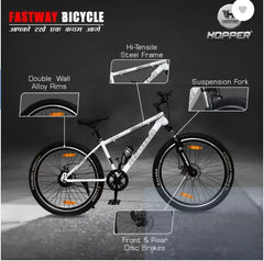 Fastway Bicycle Hopper Professor 27.5T | Dual Disc Brakes | Front Suspension | 85% Pre-Assembled 26 T Mountain Cycle (Single Speed, White, Only Front Suspension)