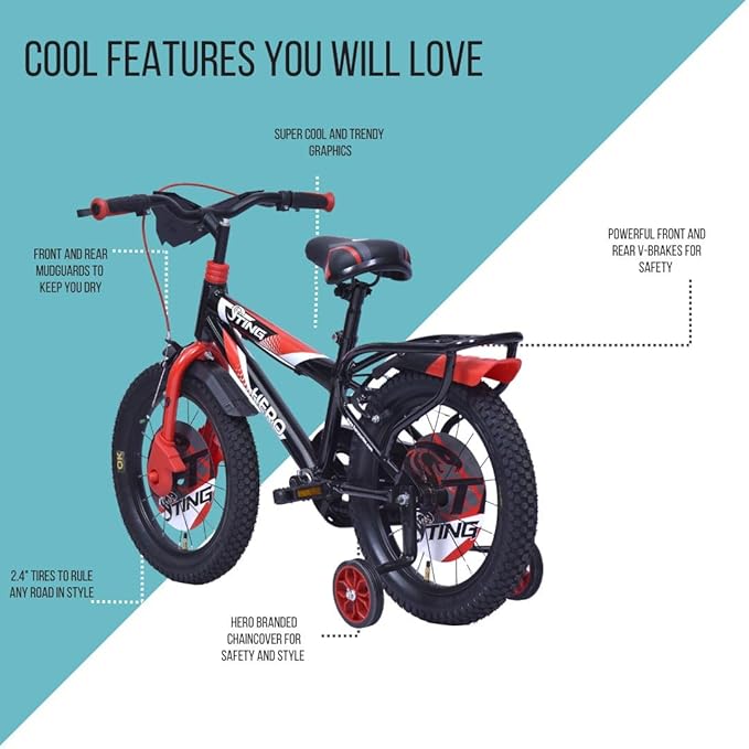 Hero Sting 16T Bicycle for Kids | Internal Carrier | Rigid Suspension | Caliper Brake | Black-Red