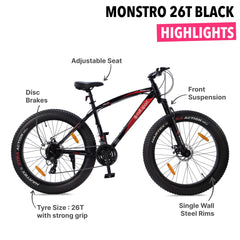 Cult Monstro 26 inch 21 Speed Shimano Gear Fat Tyre Mountain Bike with Front Suspension & Dual Disc Brake Cycle/Bicycle (18 Inch Frame, Ideal for 13+ Years), Black