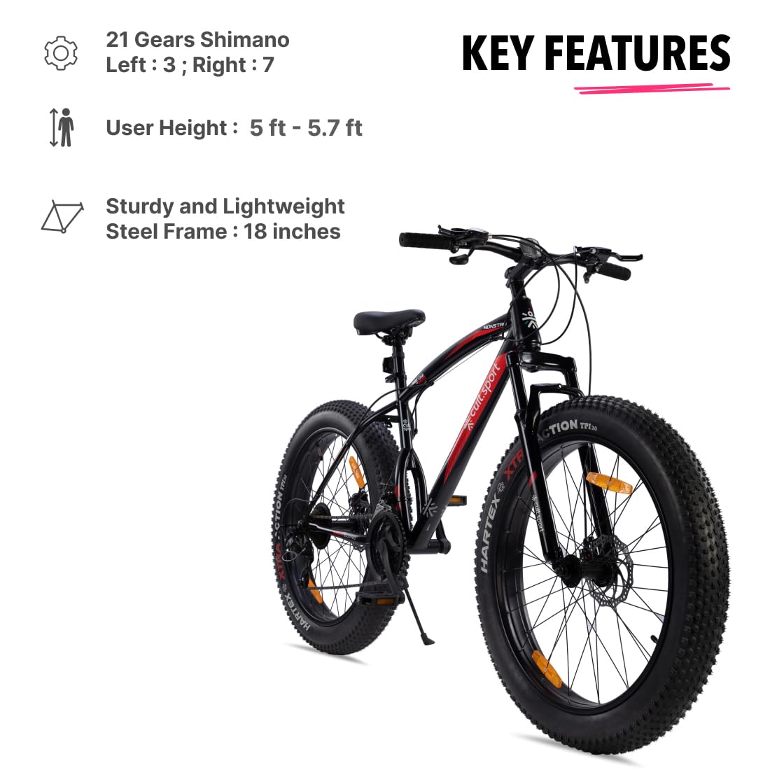 Cult Monstro 26 inch 21 Speed Shimano Gear Fat Tyre Mountain Bike with Front Suspension & Dual Disc Brake Cycle/Bicycle (18 Inch Frame, Ideal for 13+ Years), Black