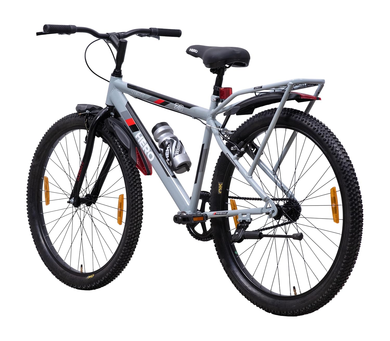 Hero Next 26T Single Speed Mountain Bicycle for Mens | Rigid Suspension | Integrated Carrier | V Brake | Quick Release Seat (Grey-Red)