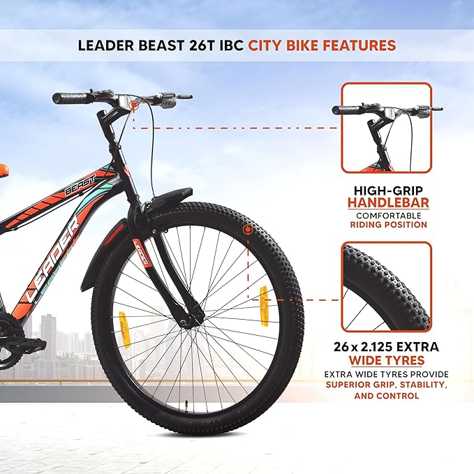 Leader Beast 26T IBC Premium Rigid City Bike/Cycle with Inbuilt Carrier Mountain Bicycle Without Gear Single Speed for Men - Matt Black. Ideal for 10 + Years, 18 Inches