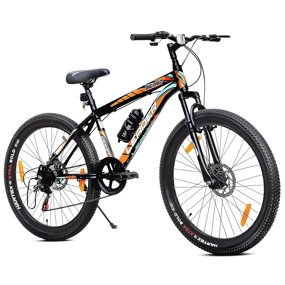 Leader Beast 24T Multispeed (7 Speed) Mountain Bike with Front Suspension & Dual Disc Brake - Black/Orange. Ideal for 12 + Years (Frame: 16 Inches) (24T) Mens