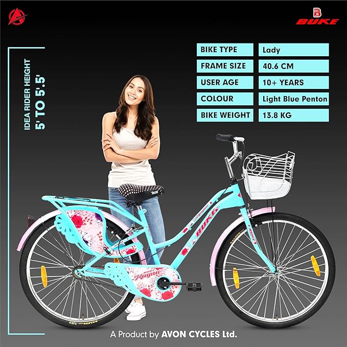 Avon Buke Magna 26T Lady Hybrid Bike for Womens|Frame Size: 16 Inches|Wheel Size: 26 Inches|Young Lady Bcp Handle Bars|Rigid Fork with Caliper Brakes,Steel Rim(Light Blue)