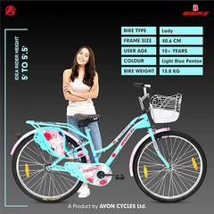 Avon Buke Magna 26T Lady Hybrid Bike for Womens|Frame Size: 16 Inches|Wheel Size: 26 Inches|Young Lady Bcp Handle Bars|Rigid Fork with Caliper Brakes,Steel Rim(Light Blue)