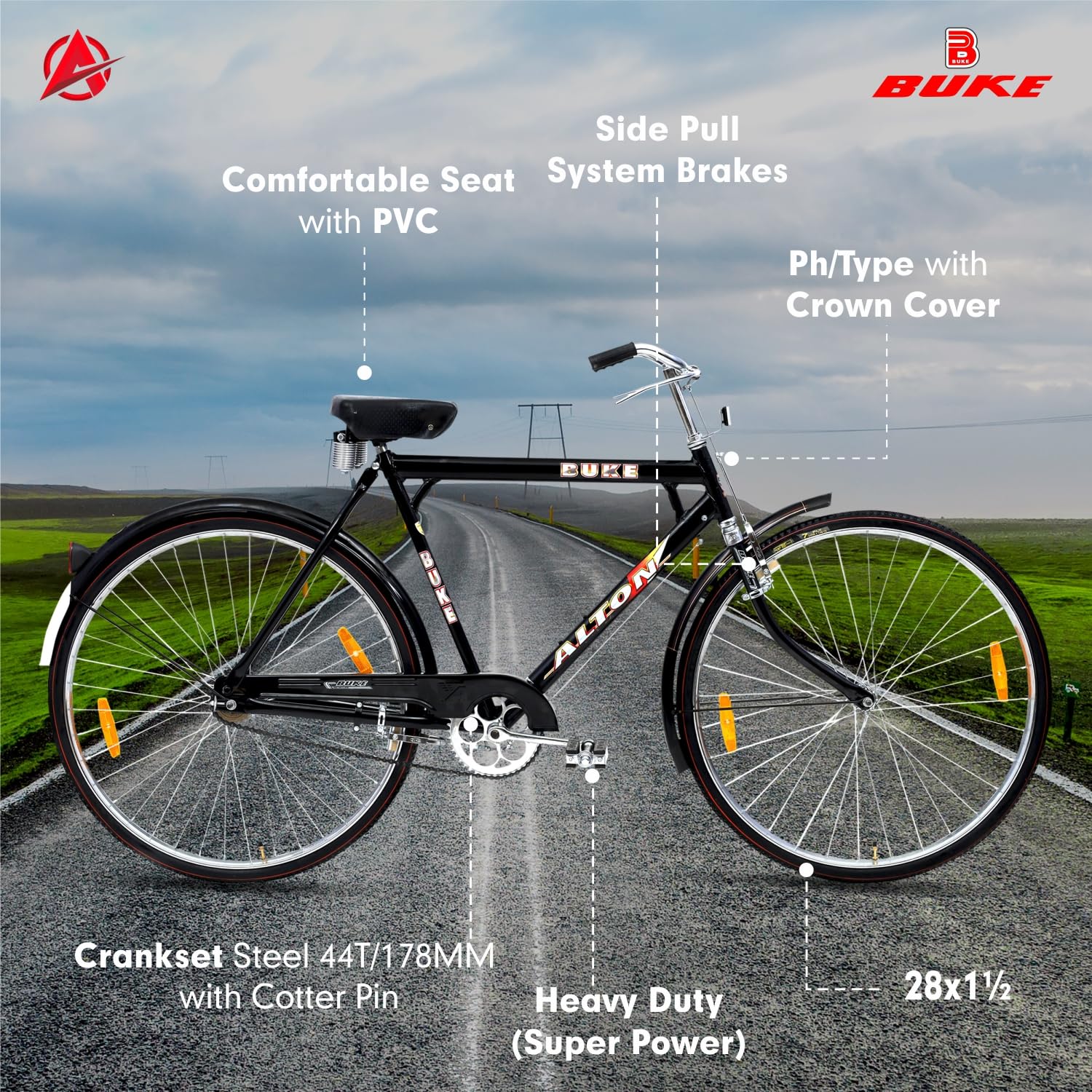 AVON Buke Alton Heavy Duty Super Power Men 22 Inch Frame 55m Steel Road Cycle 28 T Road Cycle (Single Speed, Black)