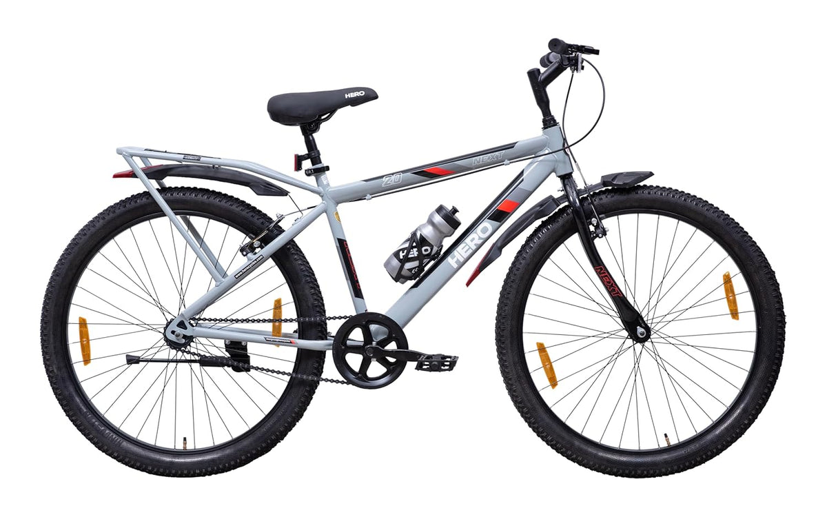 Hero Next 26T Single Speed Mountain Bicycle for Mens | Rigid Suspension | Integrated Carrier | V Brake | Quick Release Seat (Grey-Red)