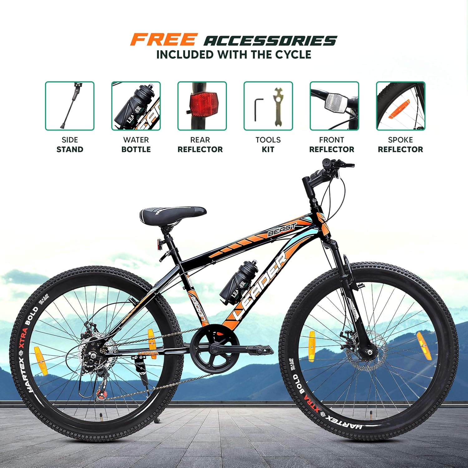 Leader Beast 24T Multispeed (7 Speed) Mountain Bike with Front Suspension & Dual Disc Brake - Black/Orange. Ideal for 12 + Years (Frame: 16 Inches) (24T) Mens