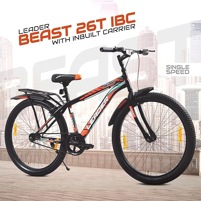 Leader Beast 26T IBC Premium Rigid City Bike/Cycle with Inbuilt Carrier Mountain Bicycle Without Gear Single Speed for Men - Matt Black. Ideal for 10 + Years, 18 Inches