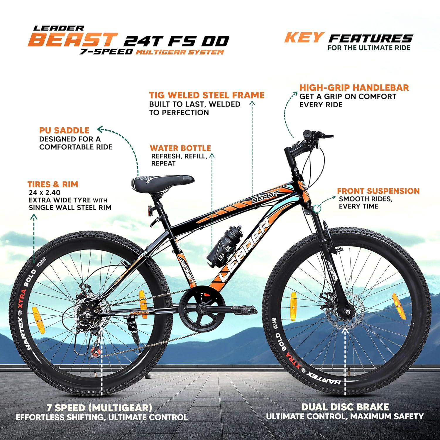 Leader Beast 24T Multispeed (7 Speed) Mountain Bike with Front Suspension & Dual Disc Brake - Black/Orange. Ideal for 12 + Years (Frame: 16 Inches) (24T) Mens