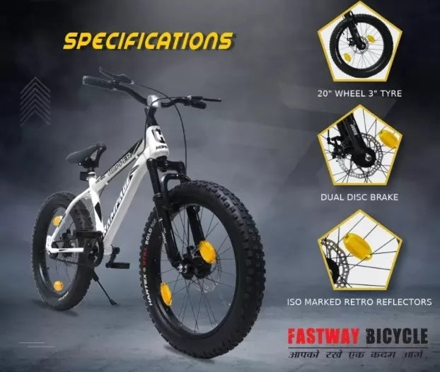 Fastway Bicycle RAMPAGE N/IBC F/SHOX, S/FAT BIKE, D/BRAKE, 85% ASSEMBLED FOR 5-8 YEARS KIDS 20 T Fat Tyre Cycle  (Single Speed, White, Only Front Suspension)