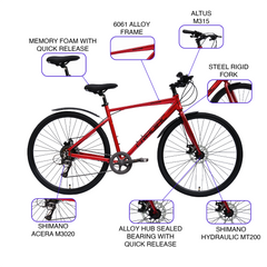 CRADIAC Machine X 8 Speed 6061 Alloy Hybrid Cycle 8 Geared Bicycle for Men with Rigid Fork & Dual Disc Brake Hybrid Bike | Ideal for 15+ Years, Unisex, Frame Size : 19.5 Inch, Metalic Red