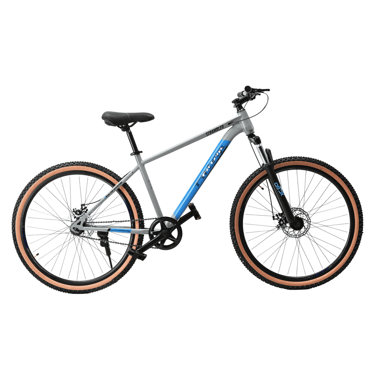 FitTrip Scrambler 27.5 Inch | Single Speed Without Gear MTB Cycle | Trioblade Dual Disk Brakes | Tuffshox Suspension | Puncture Resistant Tyres | Unisex | Fully Fitted (Nardo Grey-Red)