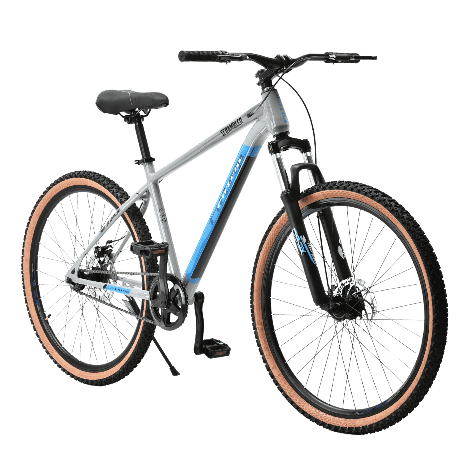 FitTrip Scrambler 27.5 Inch | Single Speed Without Gear MTB Cycle | Trioblade Dual Disk Brakes | Tuffshox Suspension | Puncture Resistant Tyres | Unisex | Fully Fitted (Nardo Grey-Red)