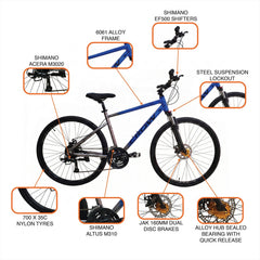 CROW - Rapide 21 Speed Gear Cycle for Boys | Aluminium Frame Hybrid Cycle 21 Geared Bicycle for Men with Lockout Suspension & Dual Disc Brake Hybrid Bike | for 15+ Years, Unisex Bicycle for Adults