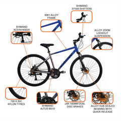 CROW - RAPIDE MAX 21 Speed Aluminium Hybrid Cycle 21 Geared Bicycle for Men with Zoom Lockout Suspension & JAK Dual Disc Brake Hybrid Bike | for 15+ Years, Unisex Cycle for Boys