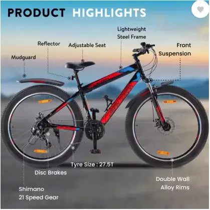 Urban Terrain Mountain Bike Shimano Geared Cycles for Men with Dual Disc Brake MTB UT2000 27.5 T Road Cycle  (21 Gear, Red, Only Front Suspension)