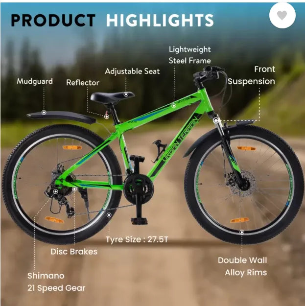 Urban Terrain Steel MTB Cycles Shimano Geared for Men with Dual Disc Brake T Road Cycle (21 Gear, Green, Only Front Suspension)