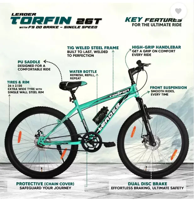 LEADER TORFIN 26T MTB Bicycle without Gear with FS DD Brake 26 T Mountain Cycle  (Single Speed, Black, Green, Only Front Suspension)