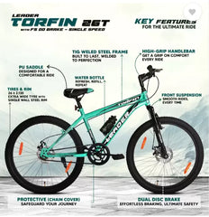 LEADER TORFIN 26T MTB Bicycle without Gear with FS DD Brake 26 T Mountain Cycle  (Single Speed, Black, Green, Only Front Suspension)