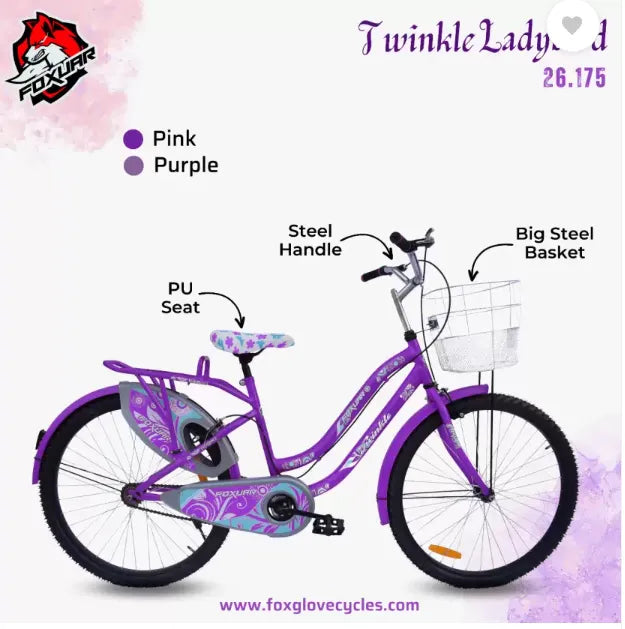 FOXGLOVE Twinkle 26 Inch Purple with Basket Girls Cycle for Height 4Ft to 6 ft 85% Fitted 26 T Road Cycle  (Single Speed, Purple, Rigid)