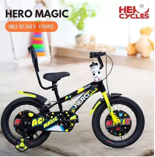 Hero Magic 16T Bicycle for Kids with Bottle & Cage | Caliper Brake | Rigid Suspension | Ideal for Kids | Black-Green