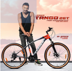 Leader Tango 26T Premium MTB Bike/Cycle for Men | Precision 21-Speed Gear Bicycle, Dual Disc Brakes & Front Suspension | Gum Wall Tyres | Lightweight Frame in Grey/Orange | Age 10+ Years