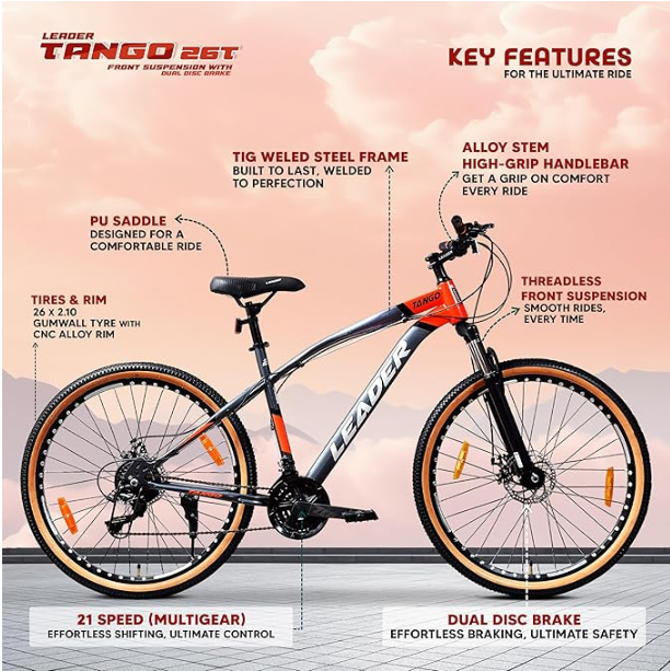 Leader Tango 26T Premium MTB Bike/Cycle for Men | Precision 21-Speed Gear Bicycle, Dual Disc Brakes & Front Suspension | Gum Wall Tyres | Lightweight Frame in Grey/Orange | Age 10+ Years