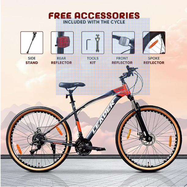 Leader Tango 26T Premium MTB Bike/Cycle for Men | Precision 21-Speed Gear Bicycle, Dual Disc Brakes & Front Suspension | Gum Wall Tyres | Lightweight Frame in Grey/Orange | Age 10+ Years