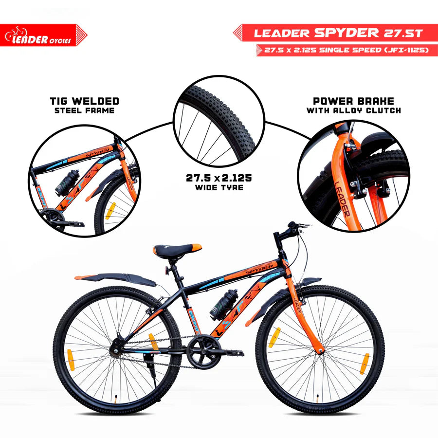 LEADER Spyder MTB Cycle/Bike with Complete Accessories 27.5 T Mountain Cycle  (Single Speed, Black, Orange, Rigid)