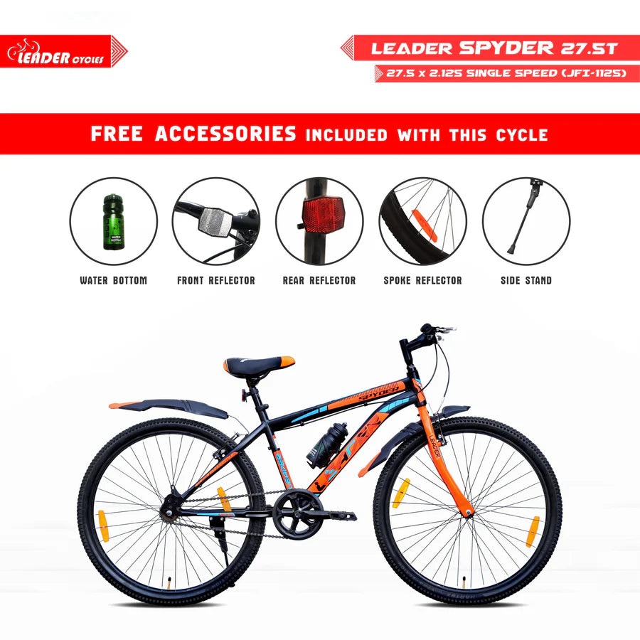 LEADER Spyder MTB Cycle/Bike with Complete Accessories 27.5 T Mountain Cycle  (Single Speed, Black, Orange, Rigid)