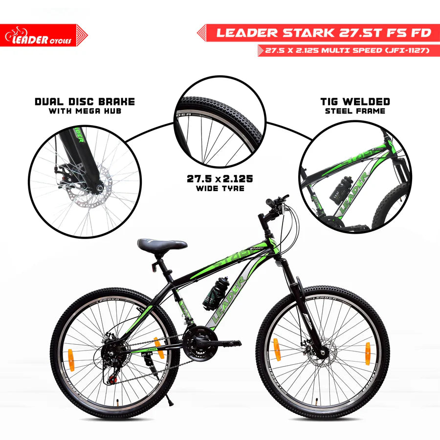 LEADER Stark 27.5T MTB /Bike with Dual Disc Brake and Complete Accessories 27.5 T Mountain Cycle  (Single Speed, Black, Only Front Suspension)