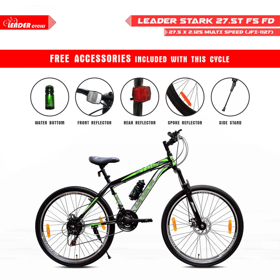 LEADER Stark 27.5T MTB /Bike with Dual Disc Brake and Complete Accessories 27.5 T Mountain Cycle  (Single Speed, Black, Only Front Suspension)